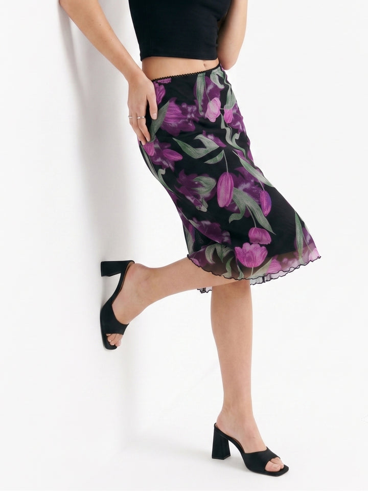 Black Floral Printed Mesh Skirt