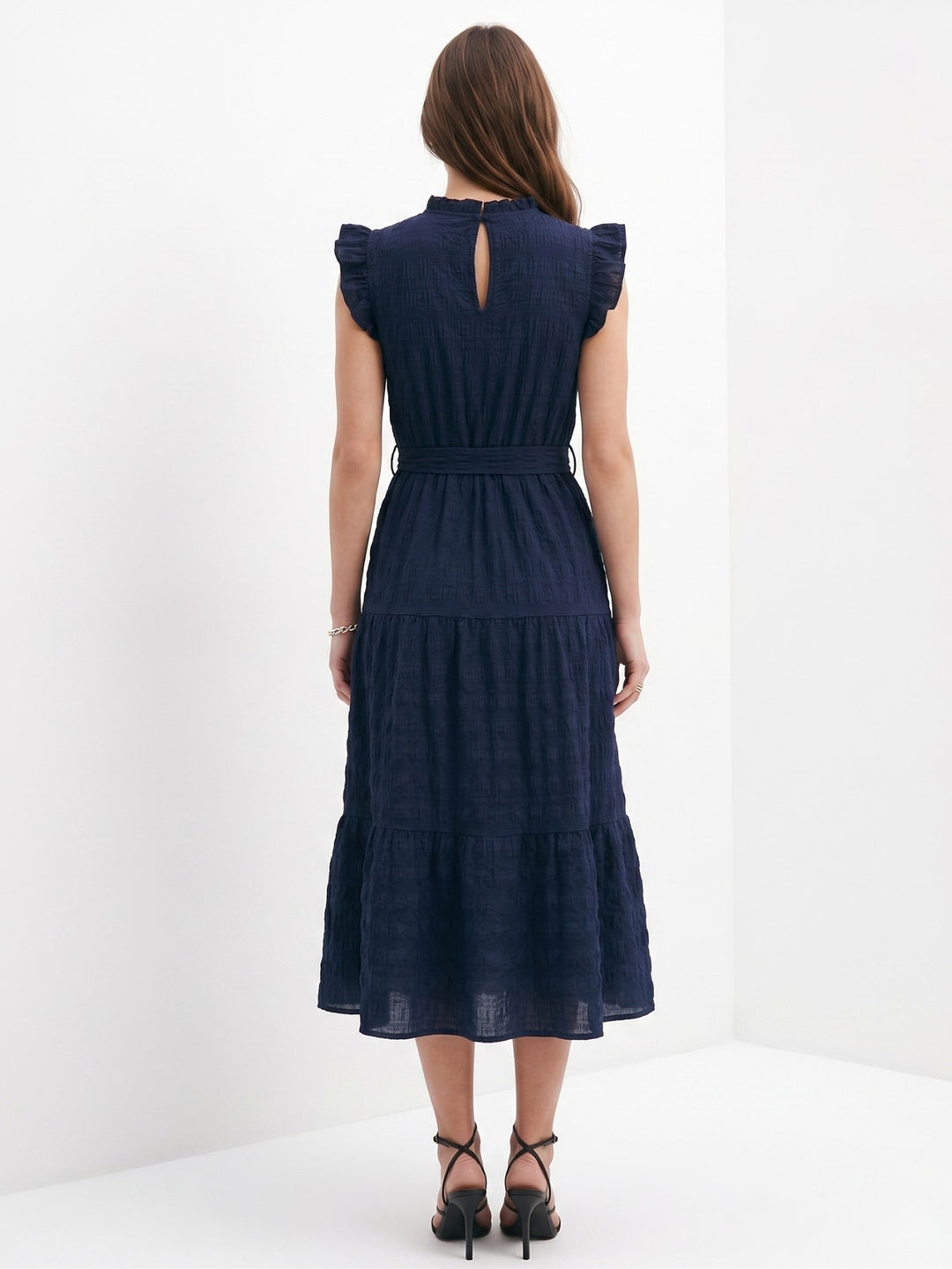 Navy Blue Short Ruffle Sleeve Mock Neck Dress