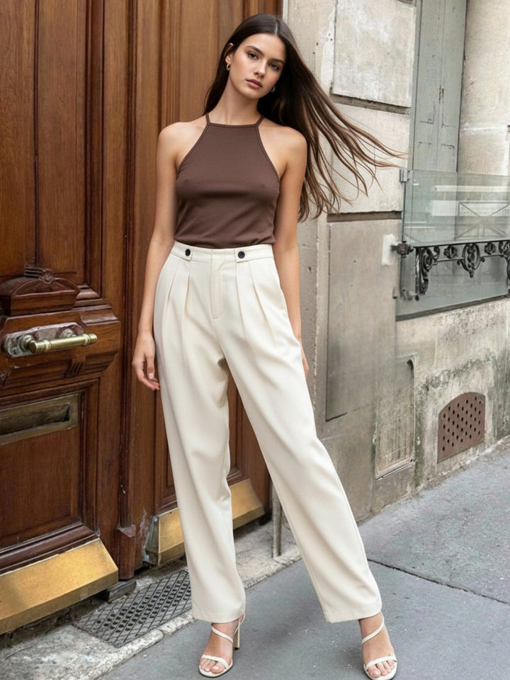 Cream High Waisted Straight Leg Trousers