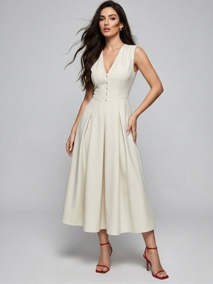 Off White Sleeveless V-Neck Dress