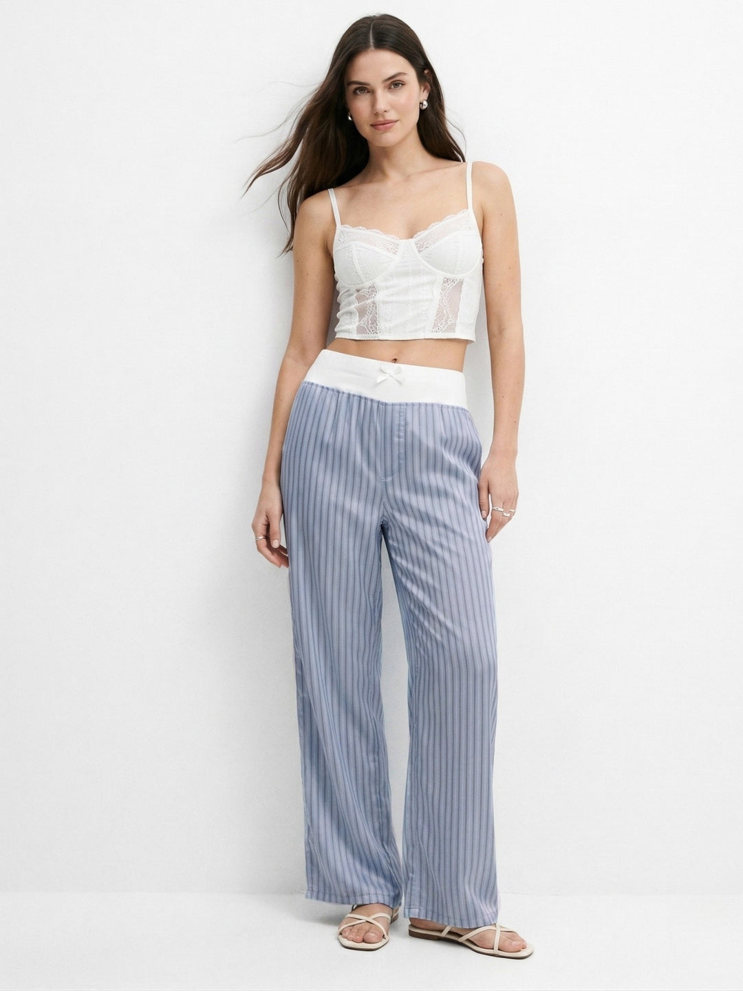 Blue Contrast Waist Band Striped Pant
