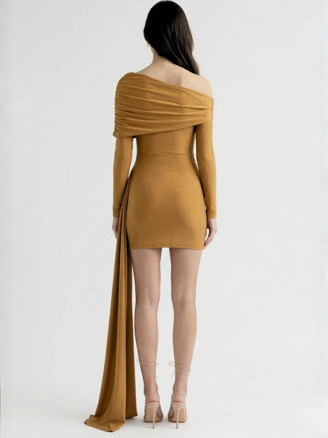 Brown One Shoulder Waist Detail Dress