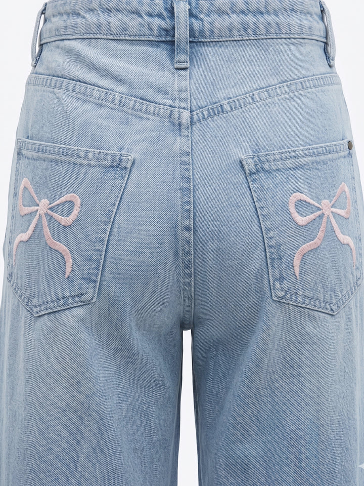 Light Blue Wide Leg Jeans With Bow Embroidery At Back Pocket