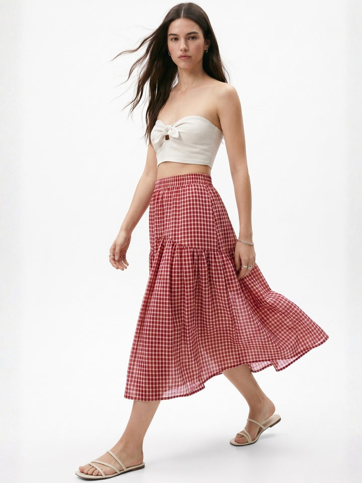 Red High Waist Checkered Skirt