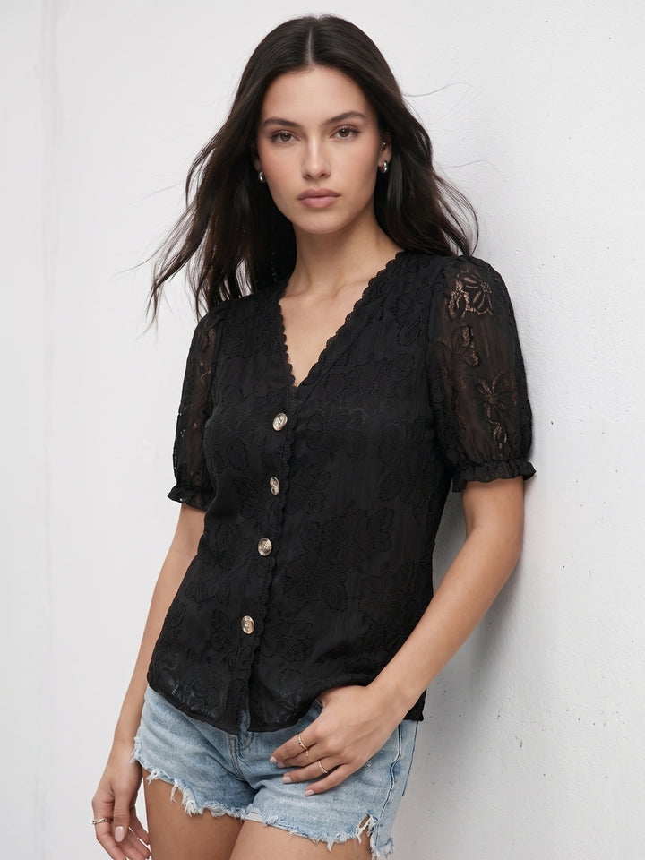 Black Lace Detail Front Buttoned Top
