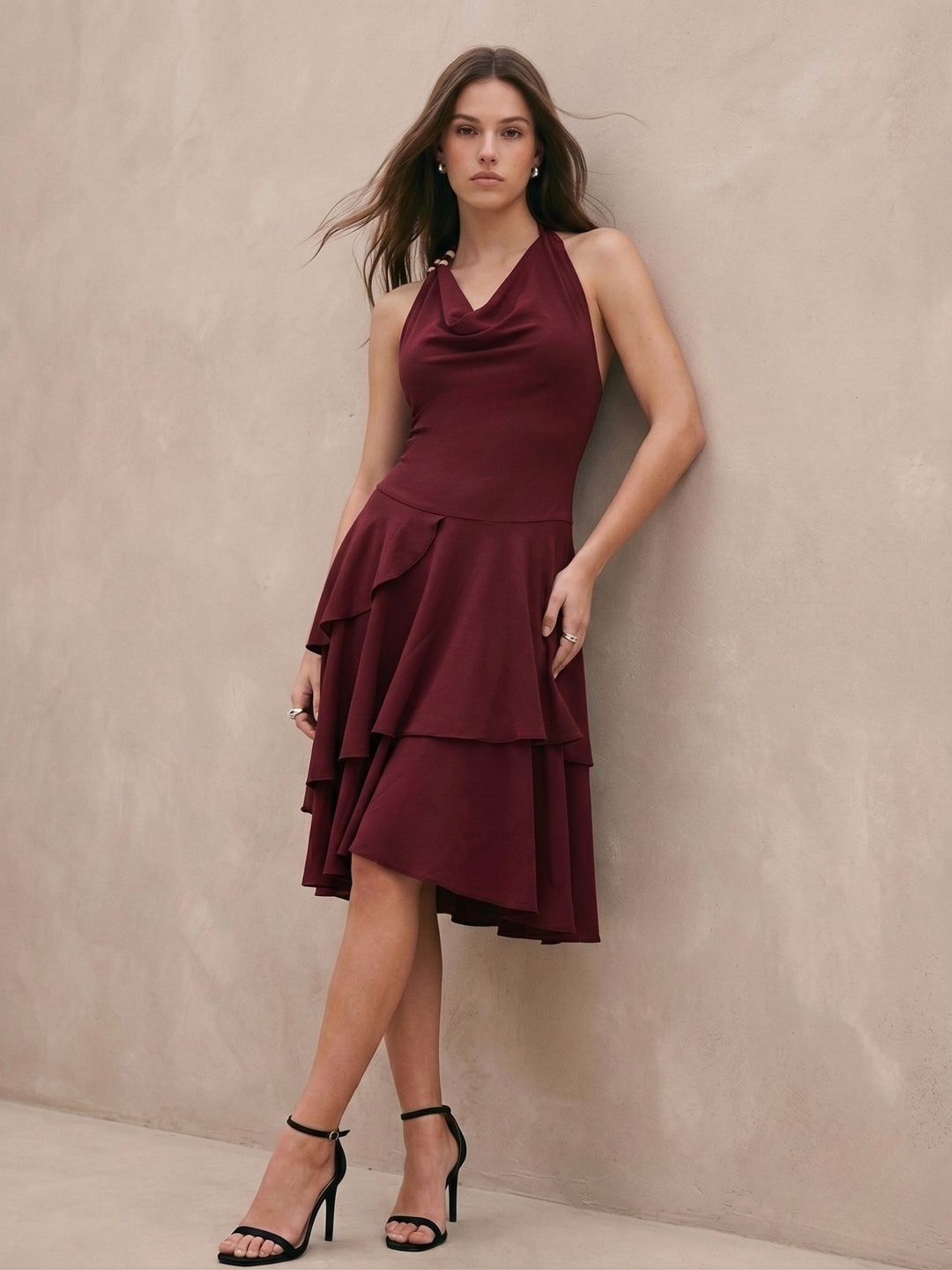 Maroon Cowl Neck Mini Length Dress With Ruffles And Beads Detailing In Textured Rivera Crepe Fabric