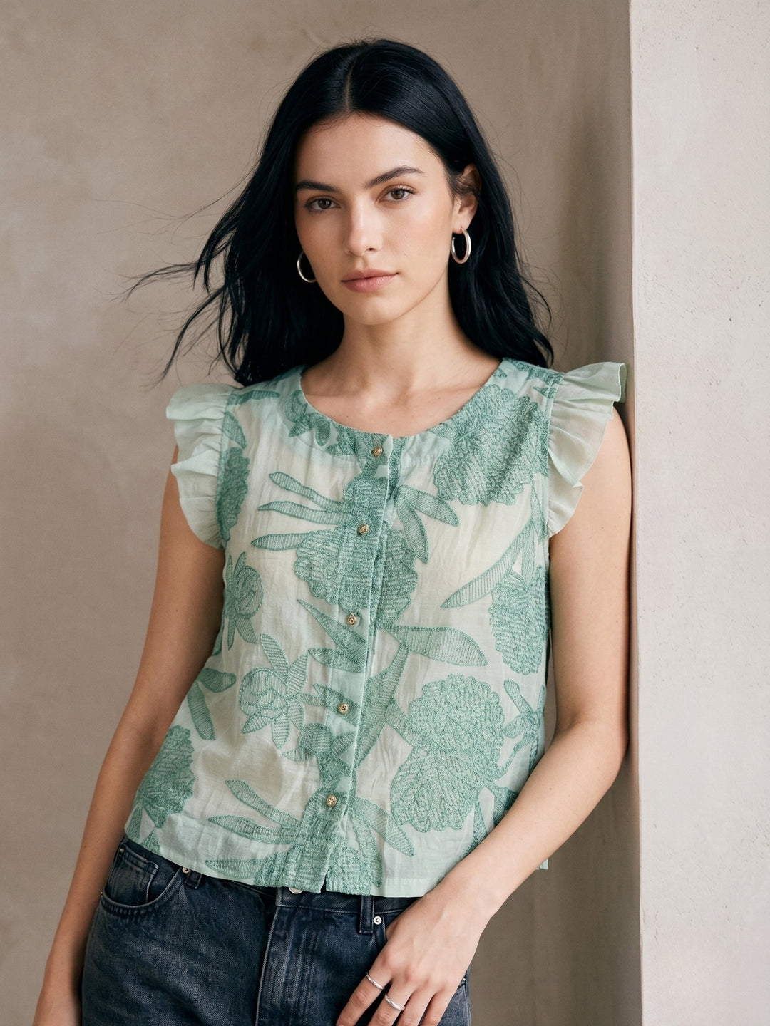 Green Textured Button Down Blouse