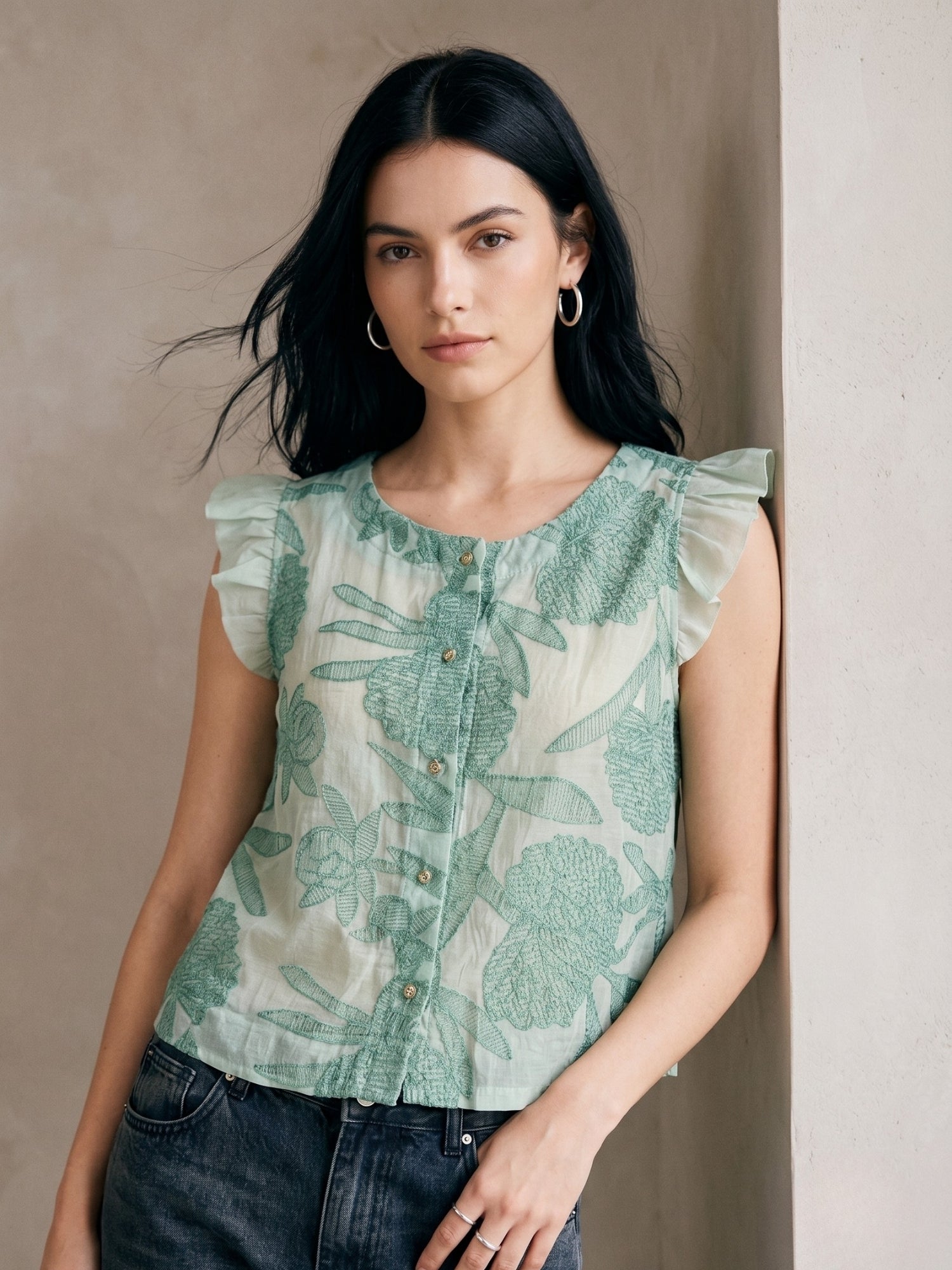 Green Textured Button Down Blouse