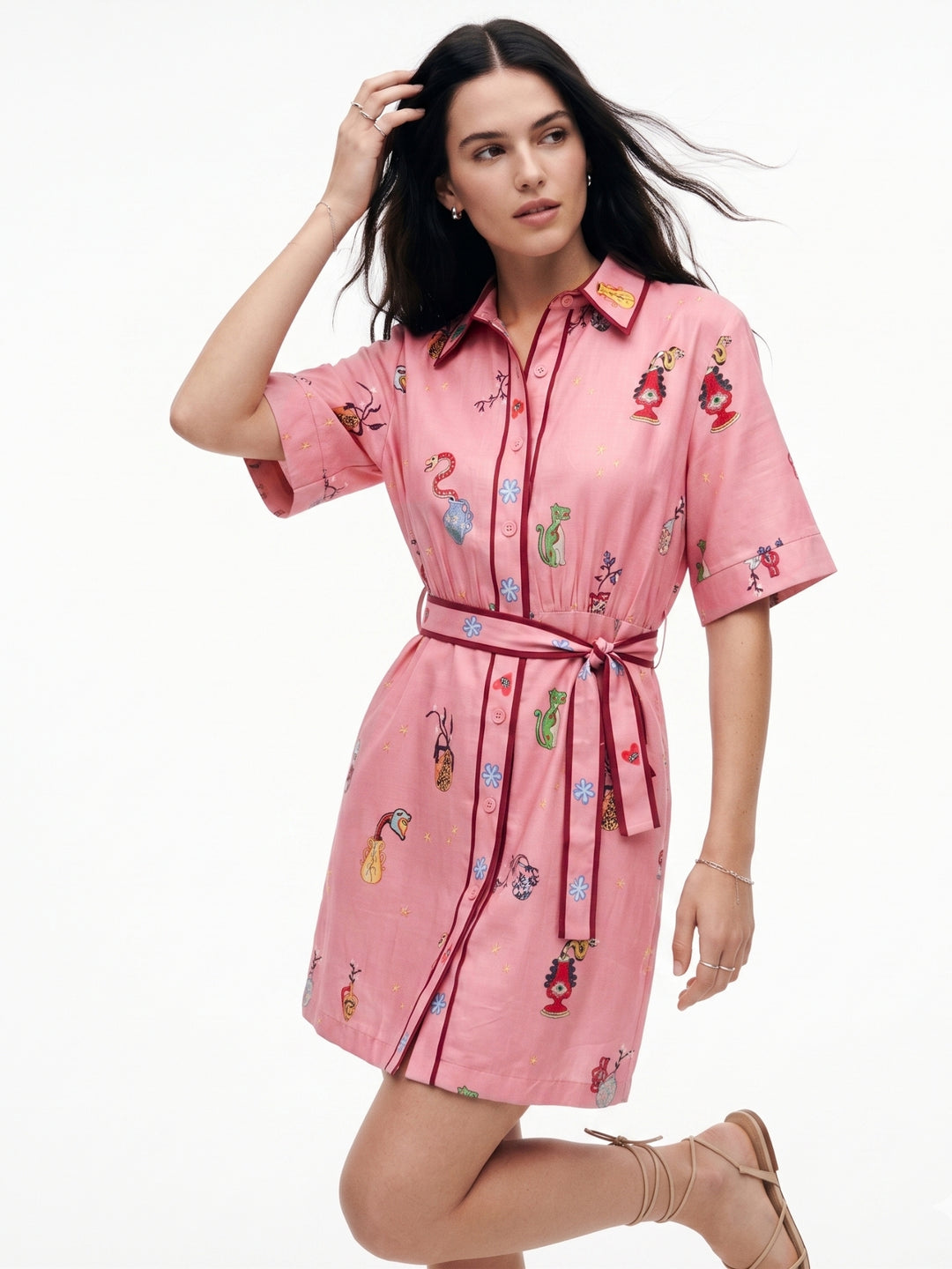 Pink Printed Collared  Dresses