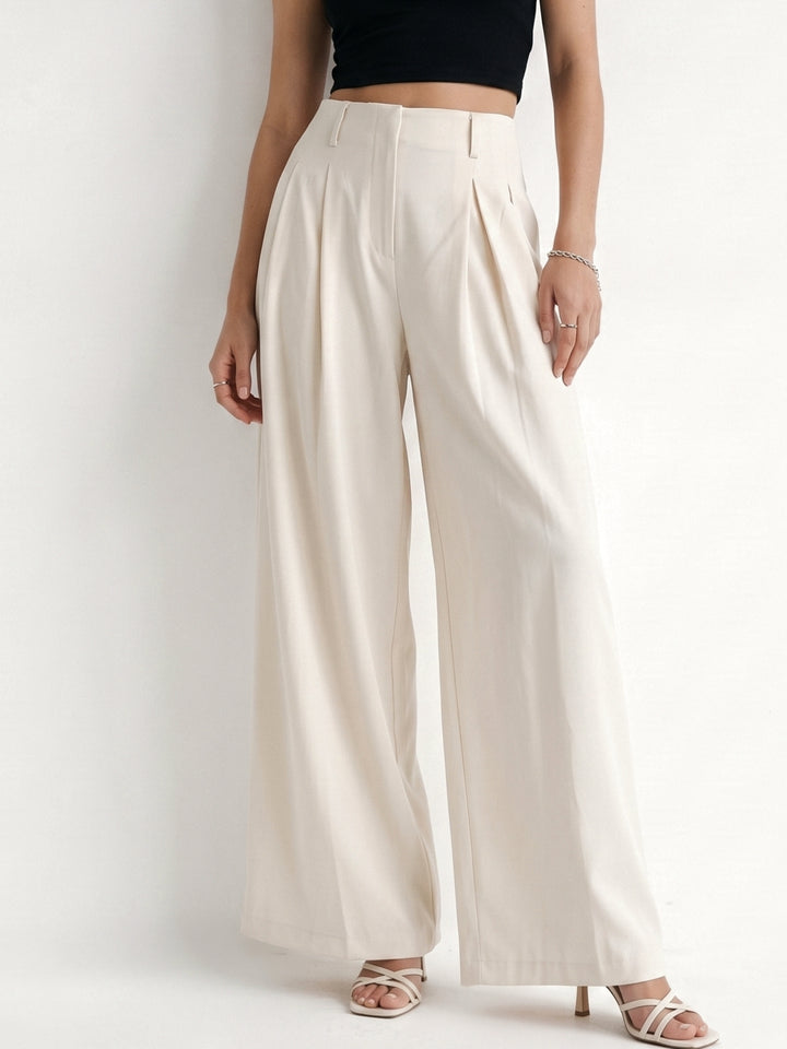 Beige Pleated Solid Trouser