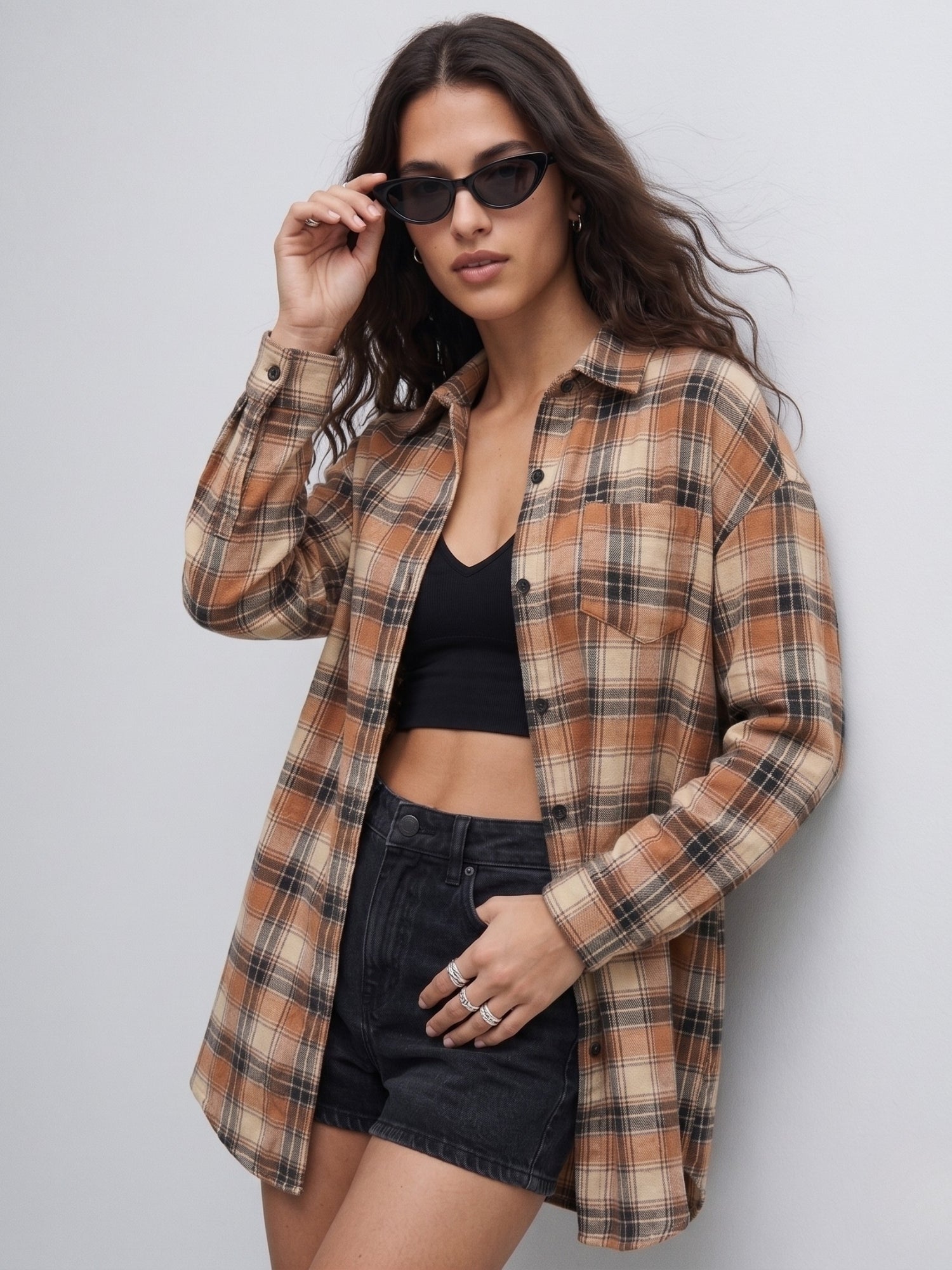 Brown Longline Checkered Shirt