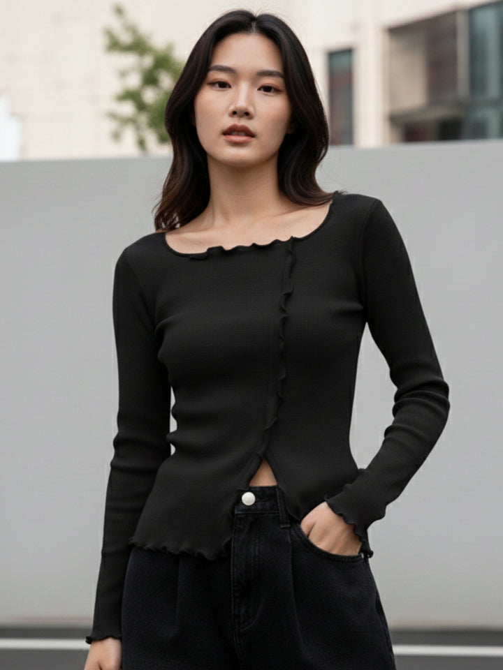 Black Full Sleeve Wavy Hem Top