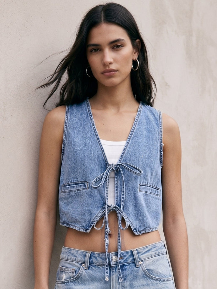Blue Plunge Neck Front Tie Up Denim Vest Top