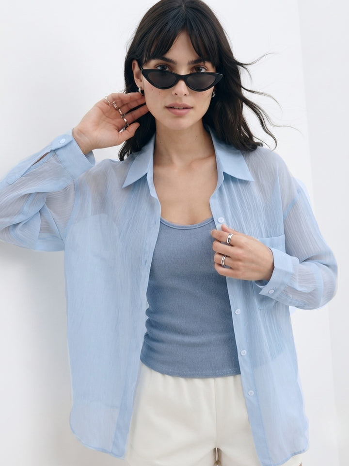 Light Blue Full Sleeve 2Piece Semi Sheer Shirt With Top
