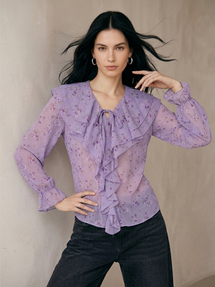 Purple Printed Ruffled Neck Blouse