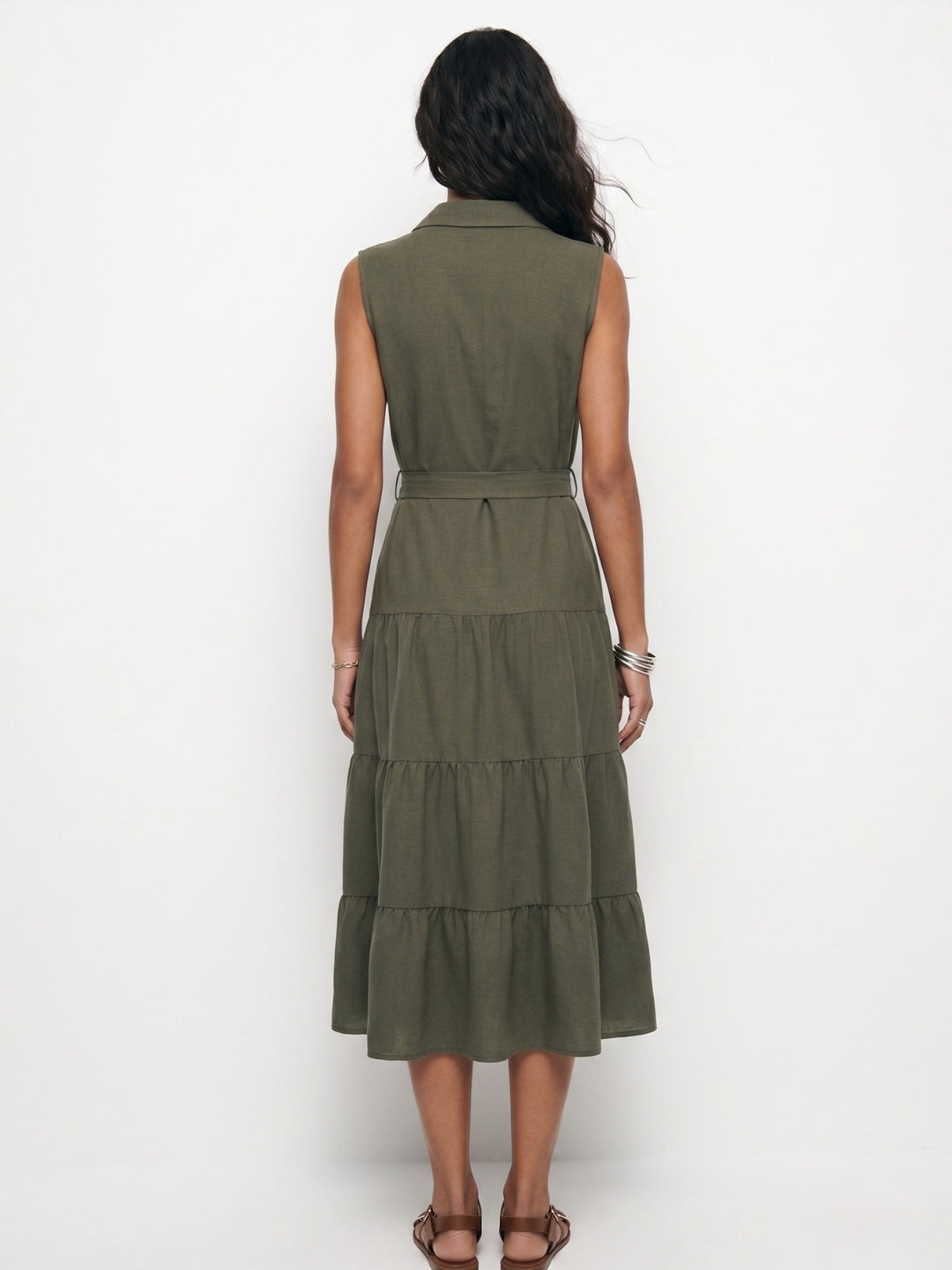 Olive Waist Belted Tiered Dress