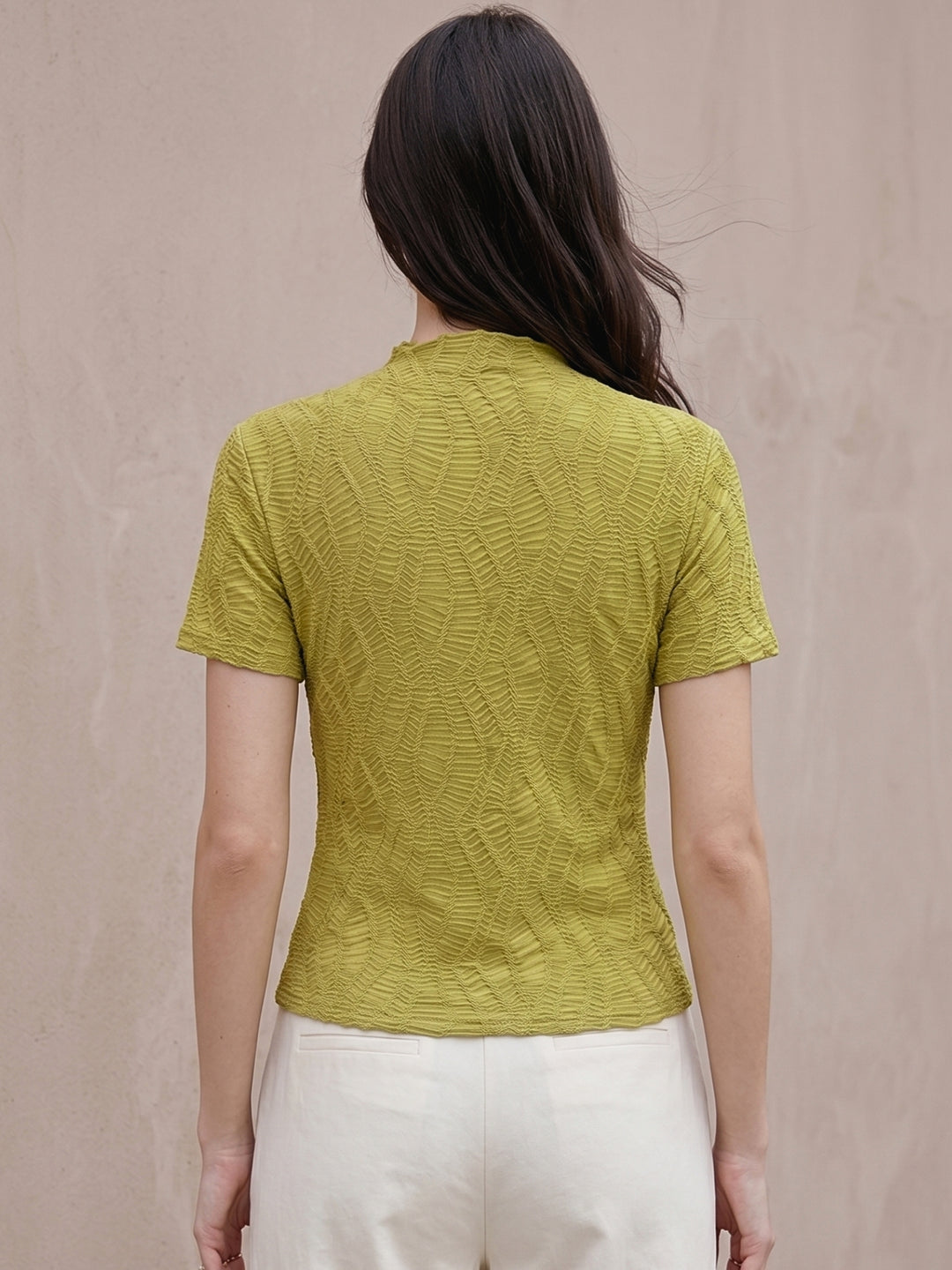 Green Textured High Neck Fitted Top