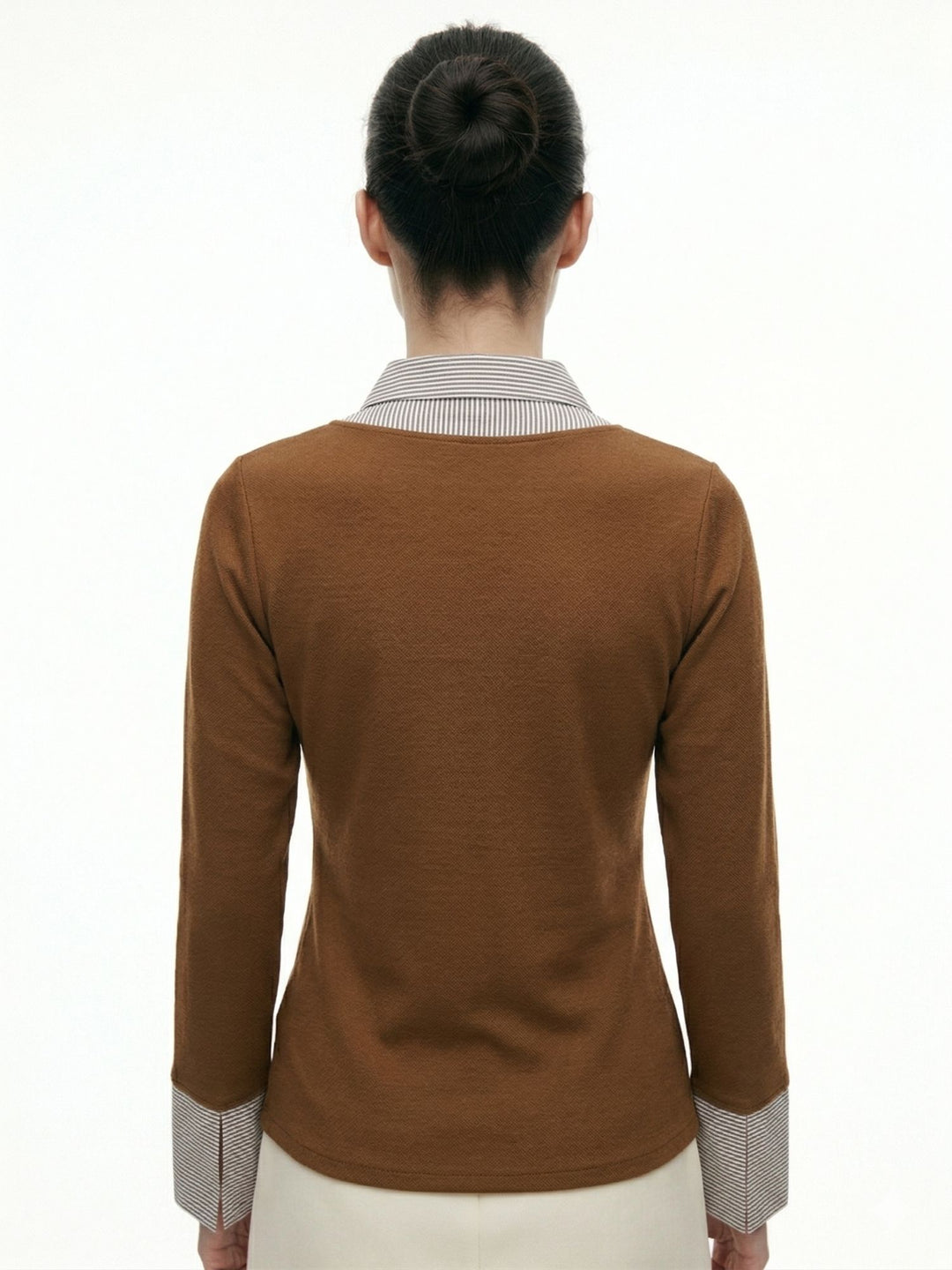 Brown Full Sleeve Contrast Collar Fitted Top