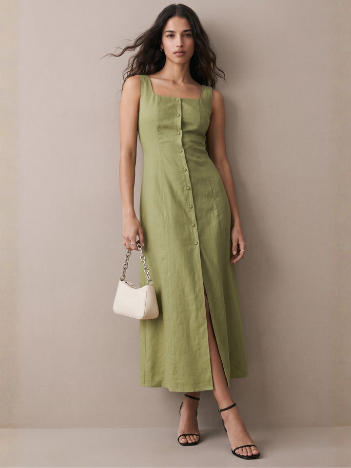 Olive Square Neck Button Down Dress
