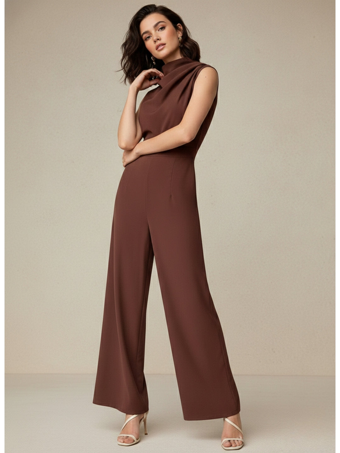 Brown One Shoulder Ruched Jumpsuit
