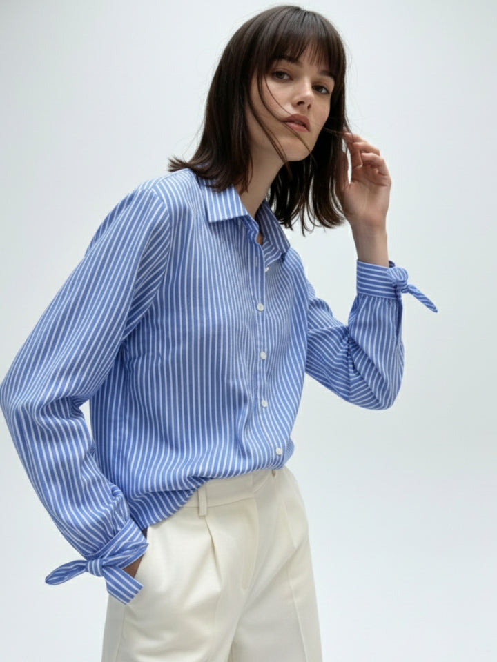 Blue Button Down Shirt With Bow Detailed Cuffs