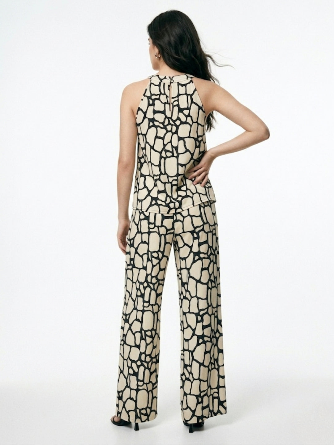 White Abstract Patterned Halter Top And Trousers Co-Ord Set