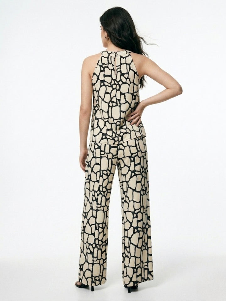 White Abstract Patterned Halter Top And Trousers Co-Ord Set