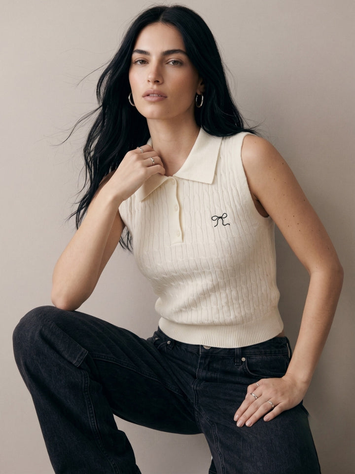 Off White Cable Textured Polo Top With Bow Embroidery