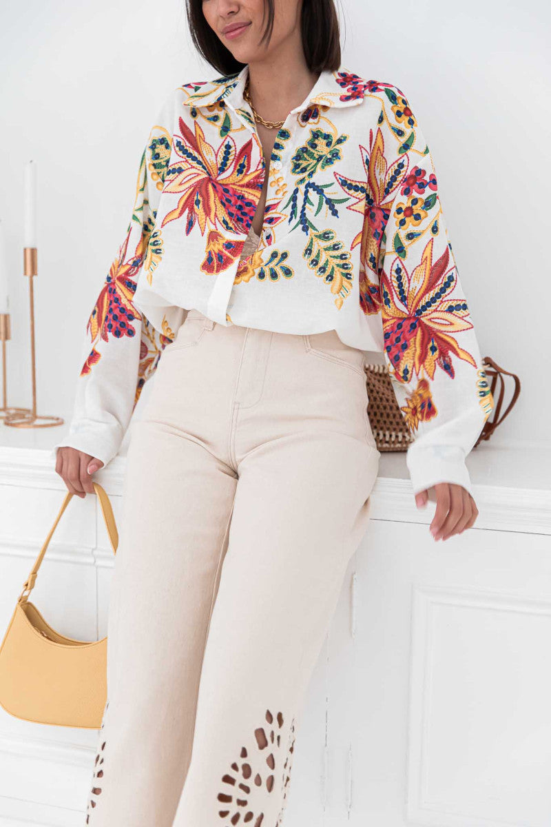 White Full Sleeve Embroidered Collared Top