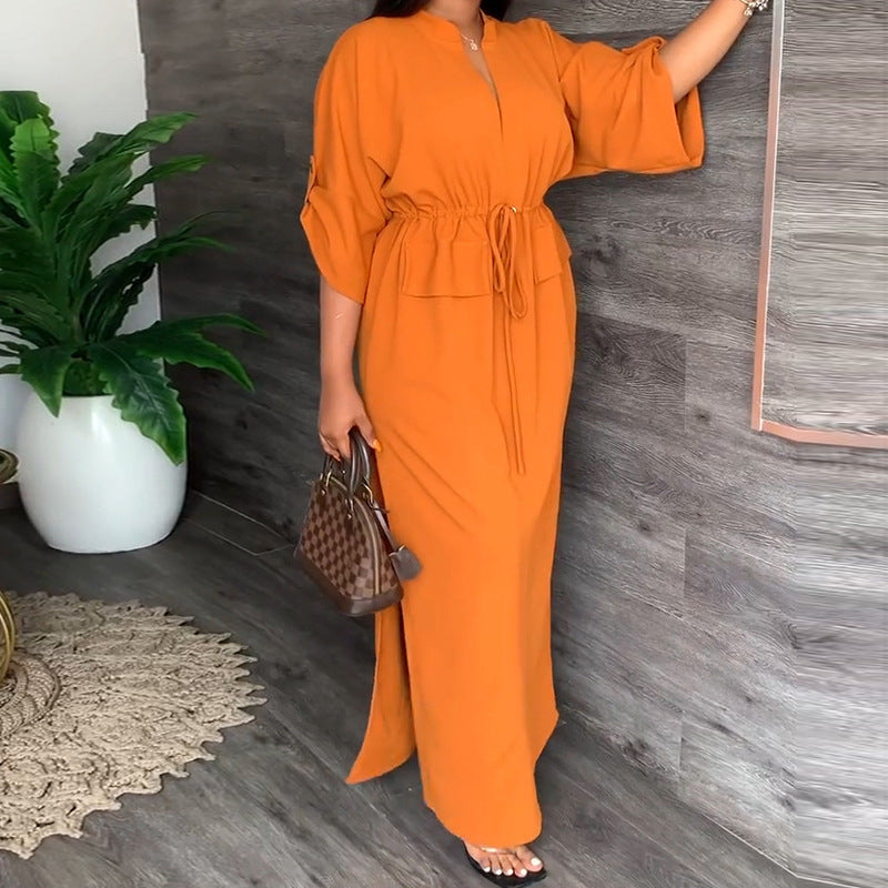 Orange Mandarin Collared Waist Cinched Dress