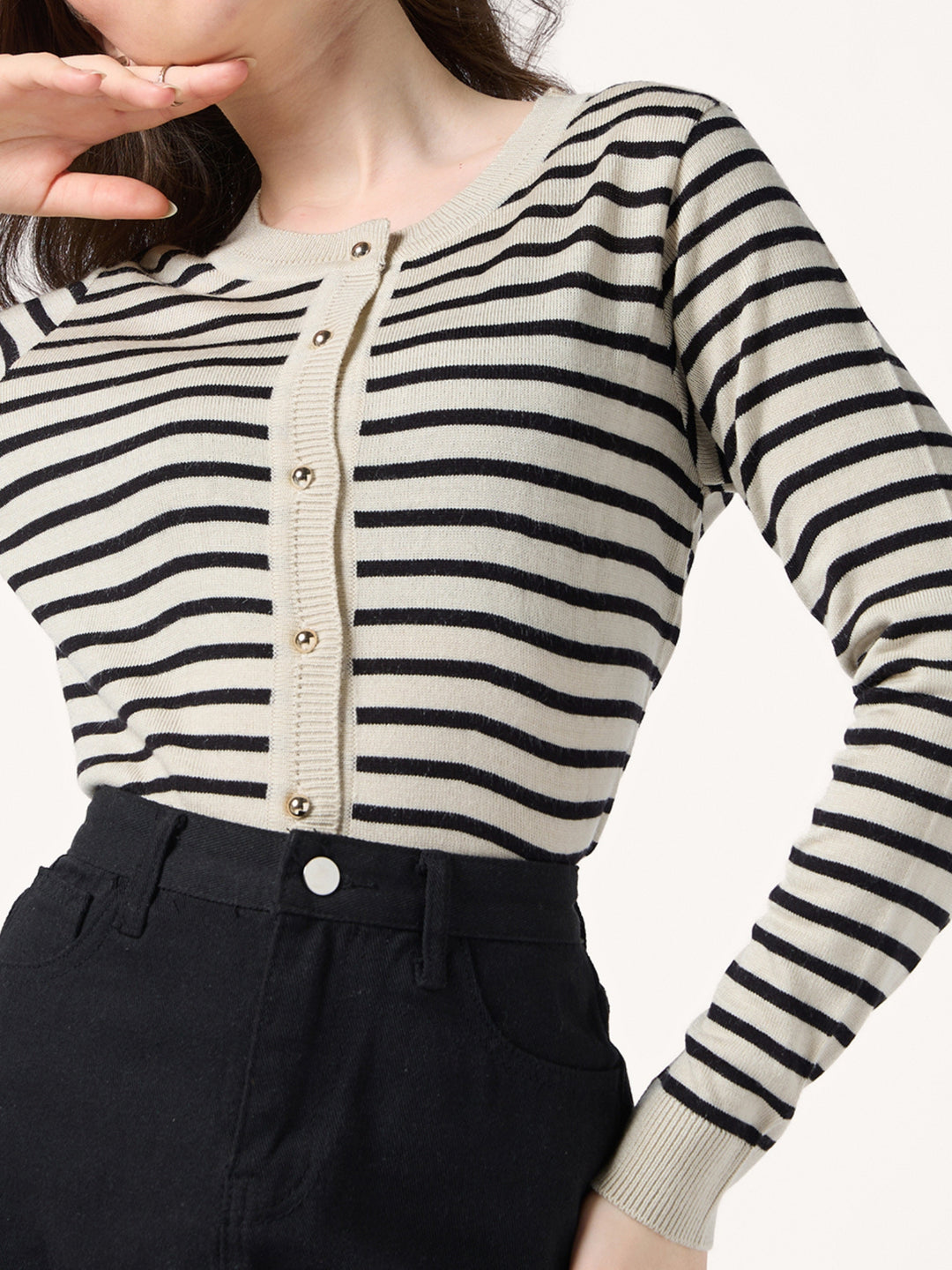 Beige Thin Striped Cardigan