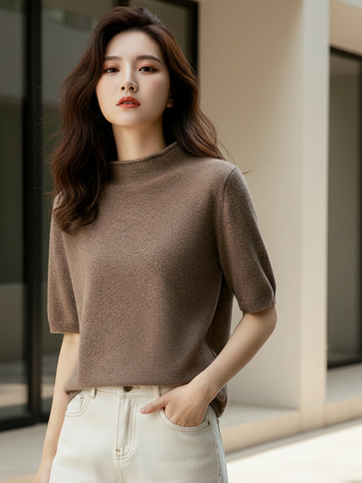 Brown Short Sleeve Mock Neck Relaxed Top