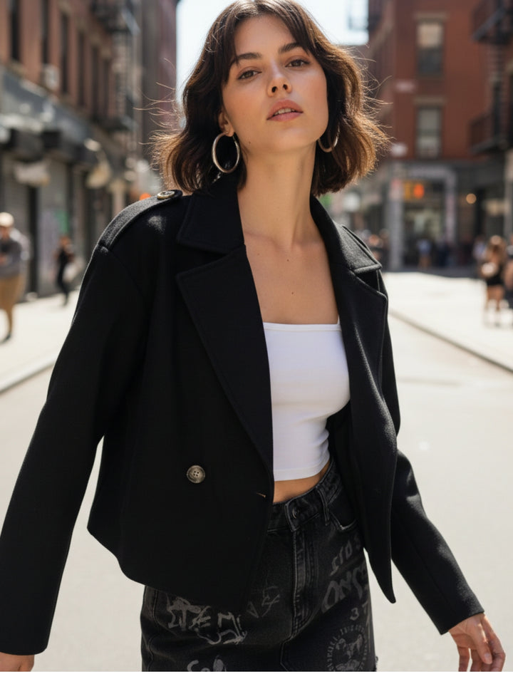 Black Cropped Stylized Collar Coat