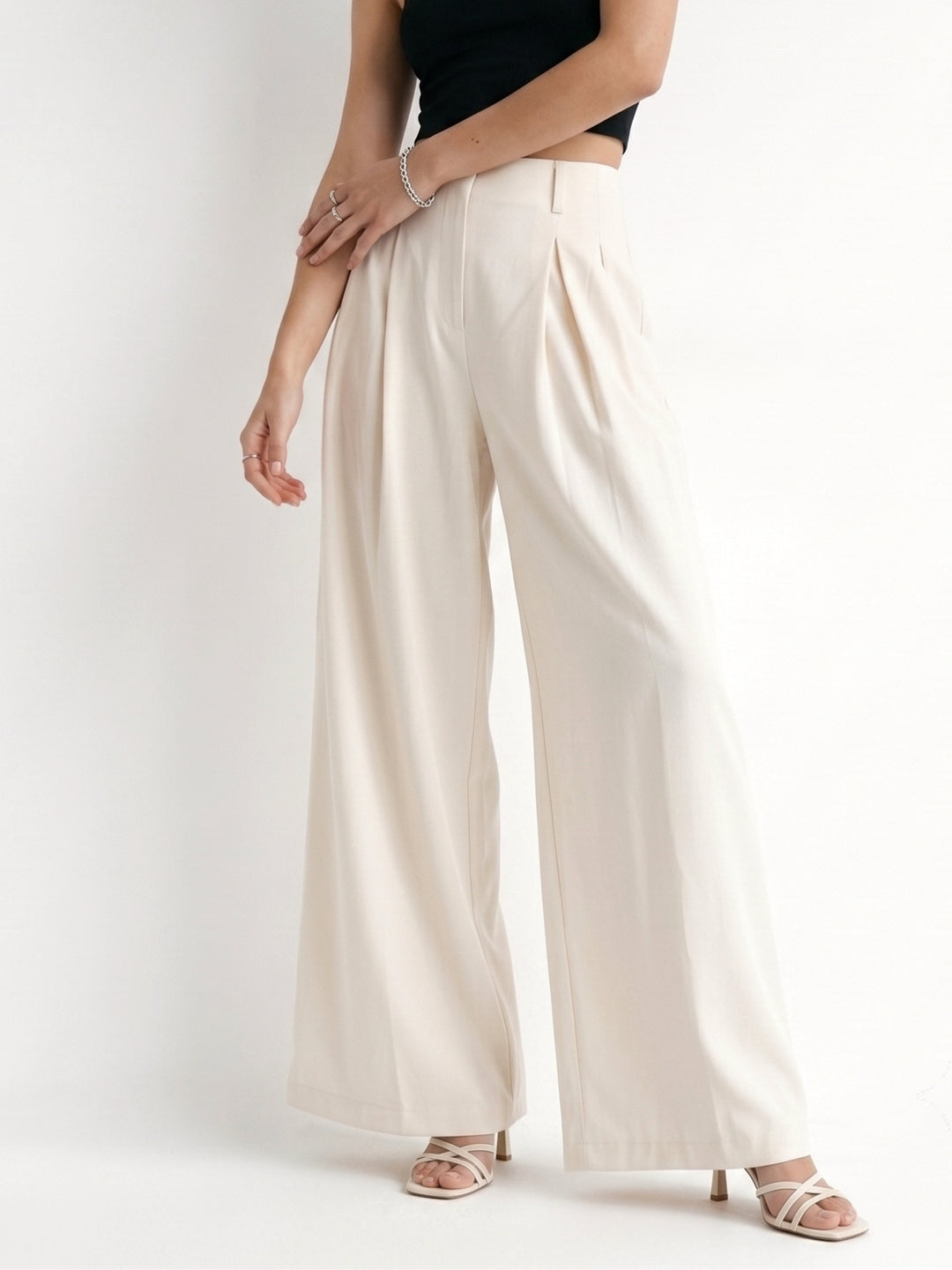 Beige Pleated Solid Trouser