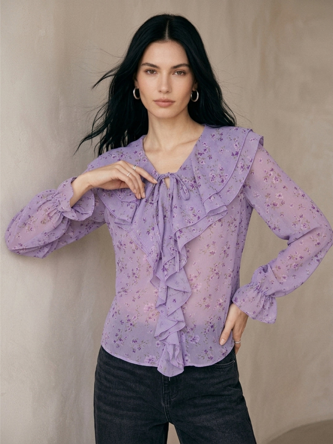 Purple Printed Ruffled Neck Blouse