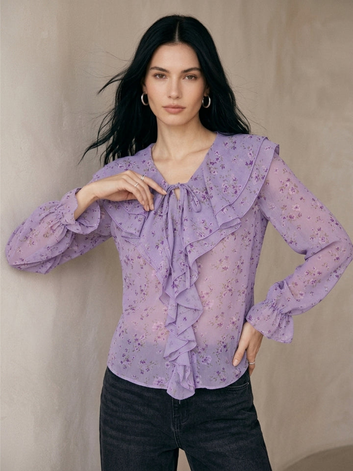 Purple Printed Ruffled Neck Blouse
