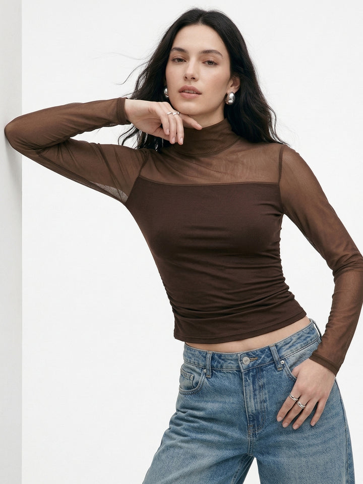 Brown Full Sleeve Mesh Top