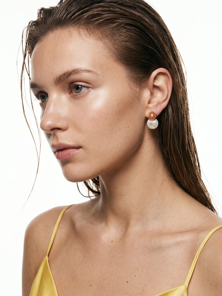 Tan Gem Stone Metal Earrings