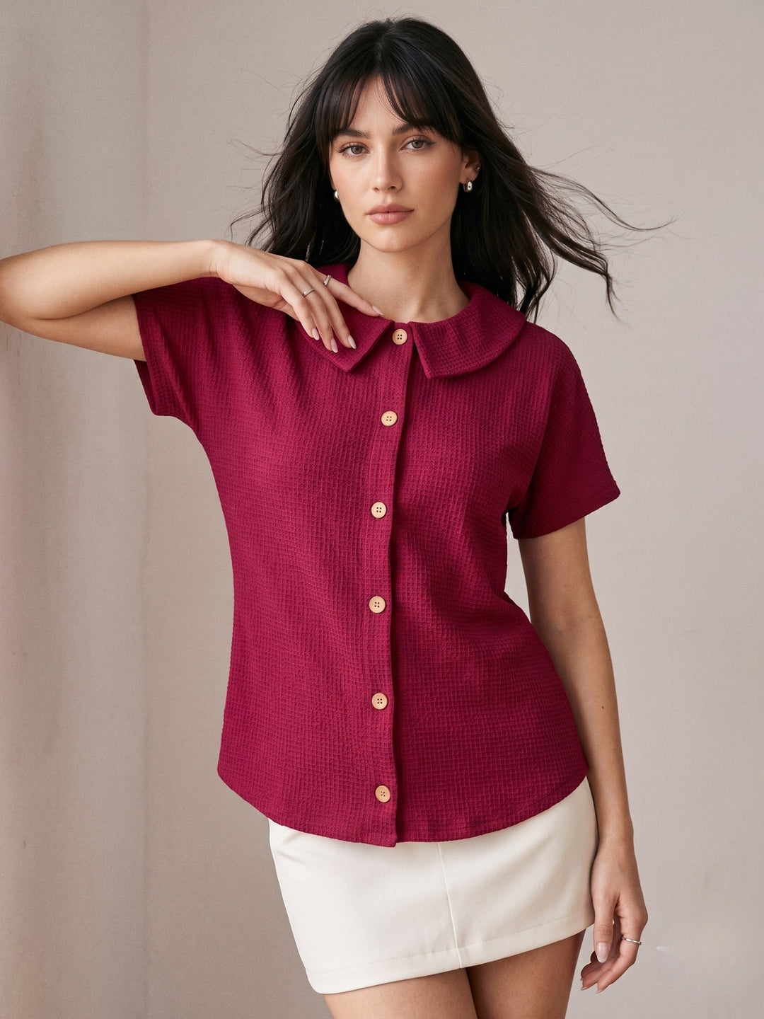 Magenta Waffles Textured Polo Button Down Top