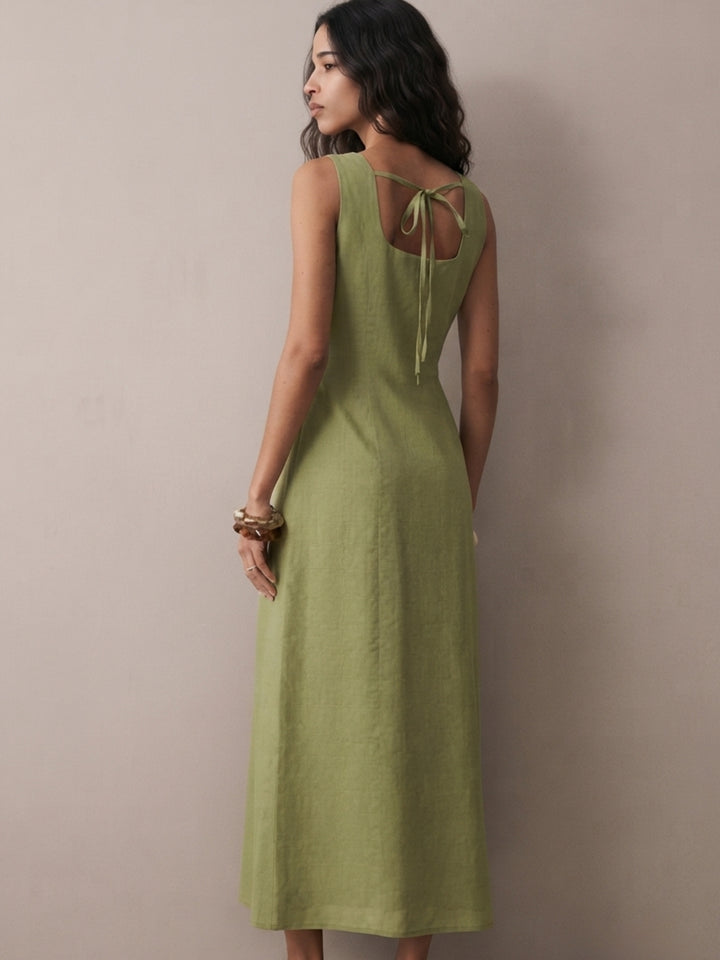 Olive Square Neck Button Down Dress