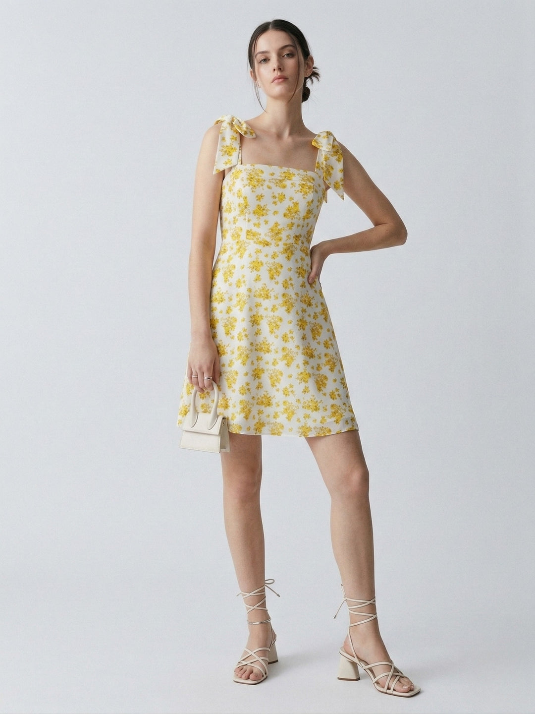 Yellow Shoulder Tie-Up Waist Fitted Dress