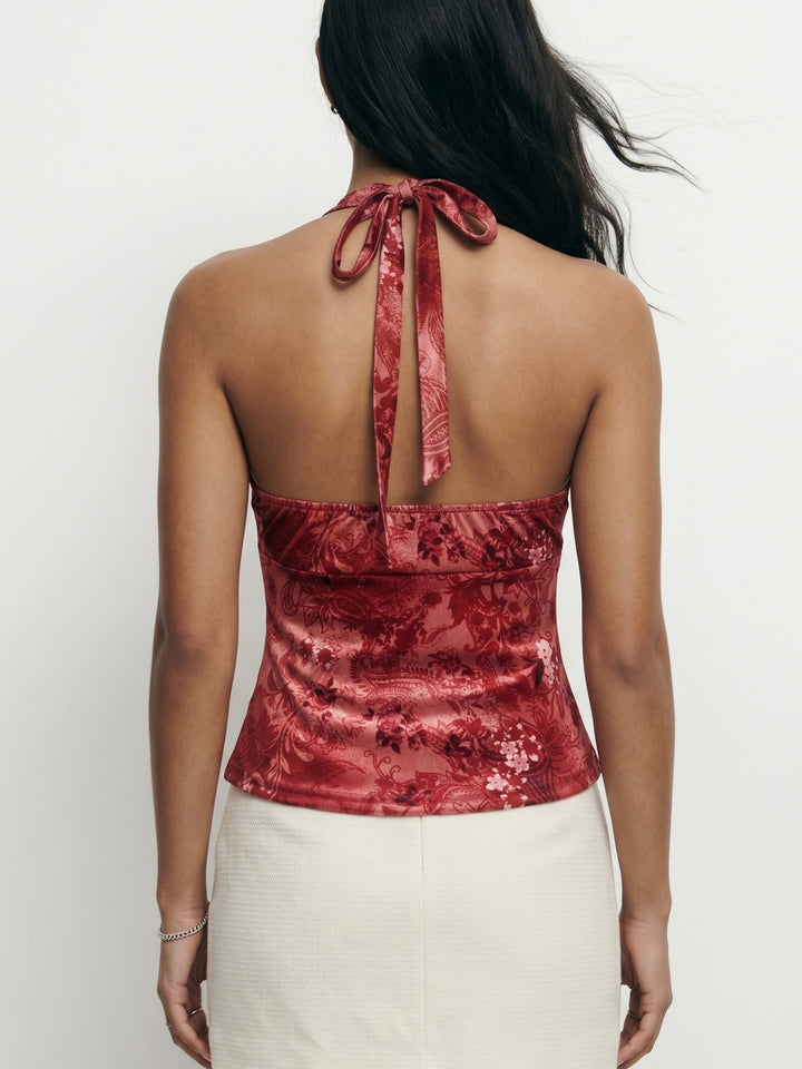 Maroon Halter Neck Floral Top
