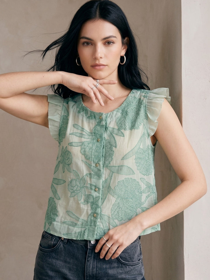 Green Textured Button Down Blouse