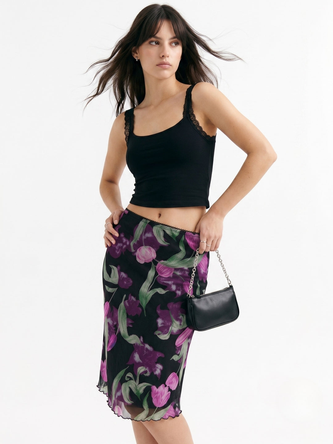 Black Floral Printed Mesh Skirt
