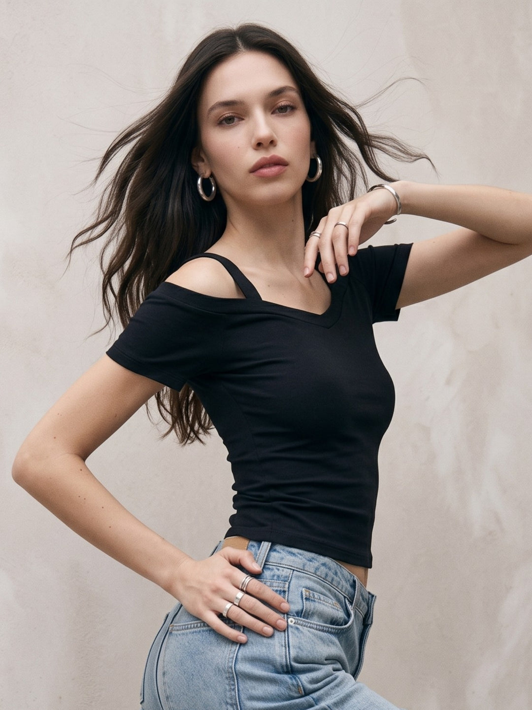 Black Cold Shoulder Solid Knit Top