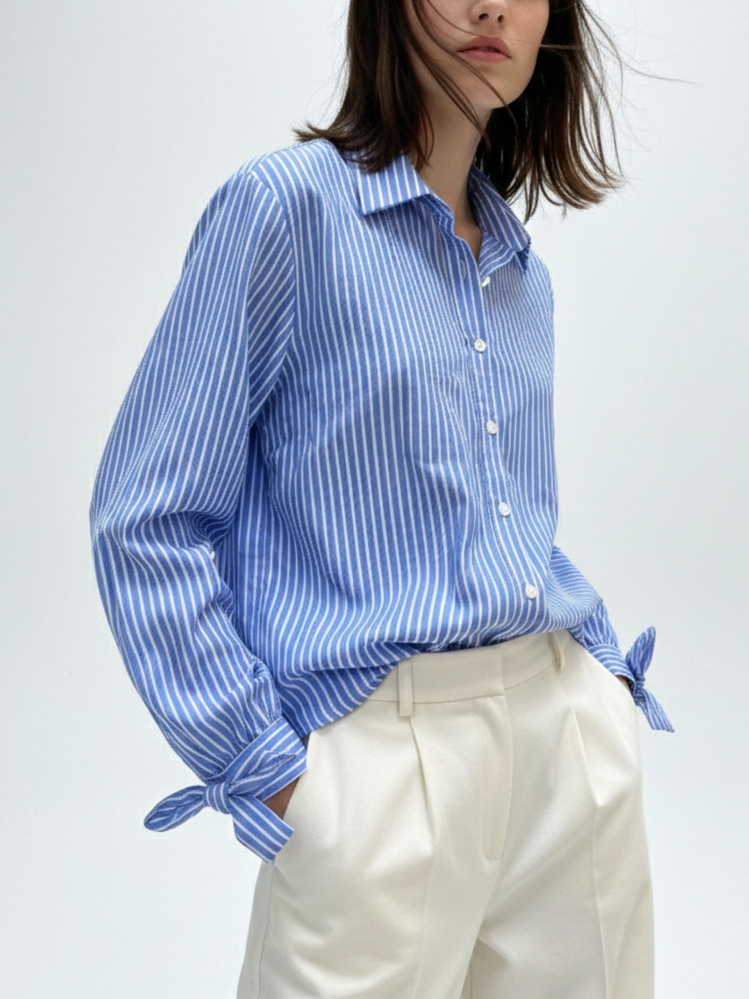 Blue Button Down Shirt With Bow Detailed Cuffs