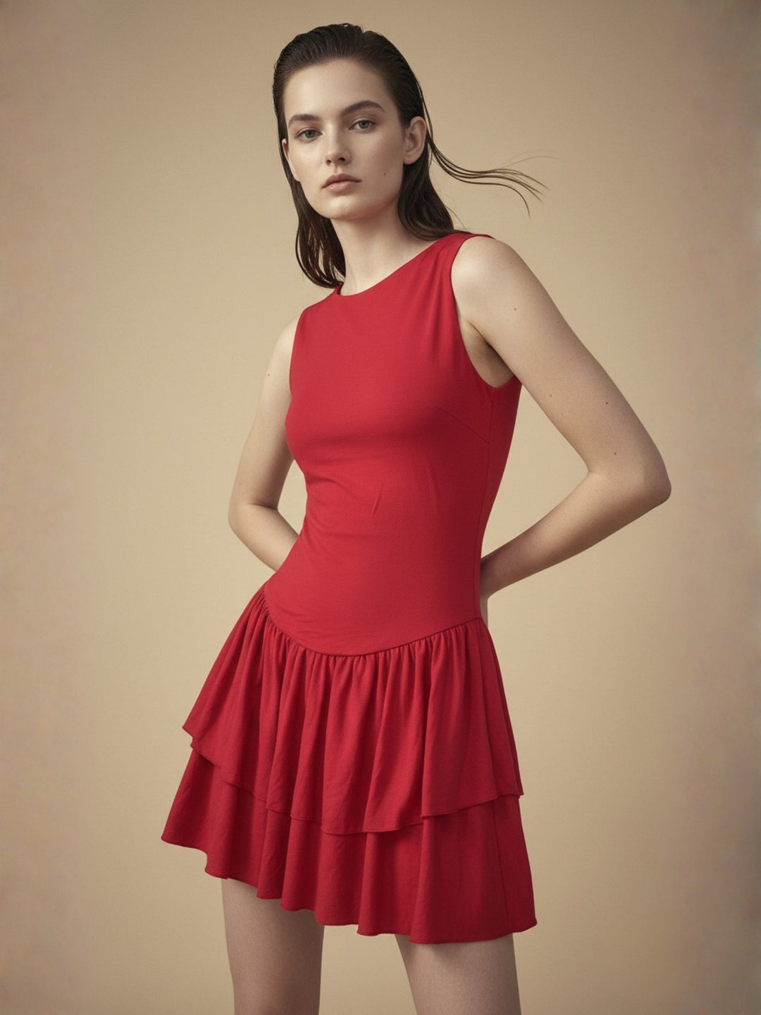 Red Drop Waistline Ruffled Hem Dress