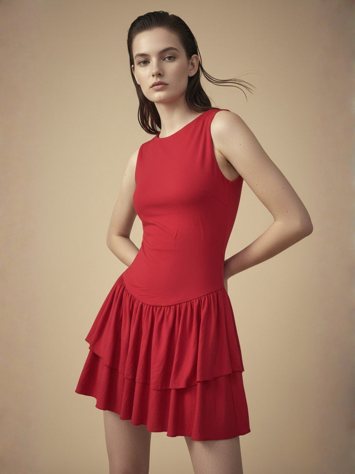 Red Drop Waistline Ruffled Hem Dress