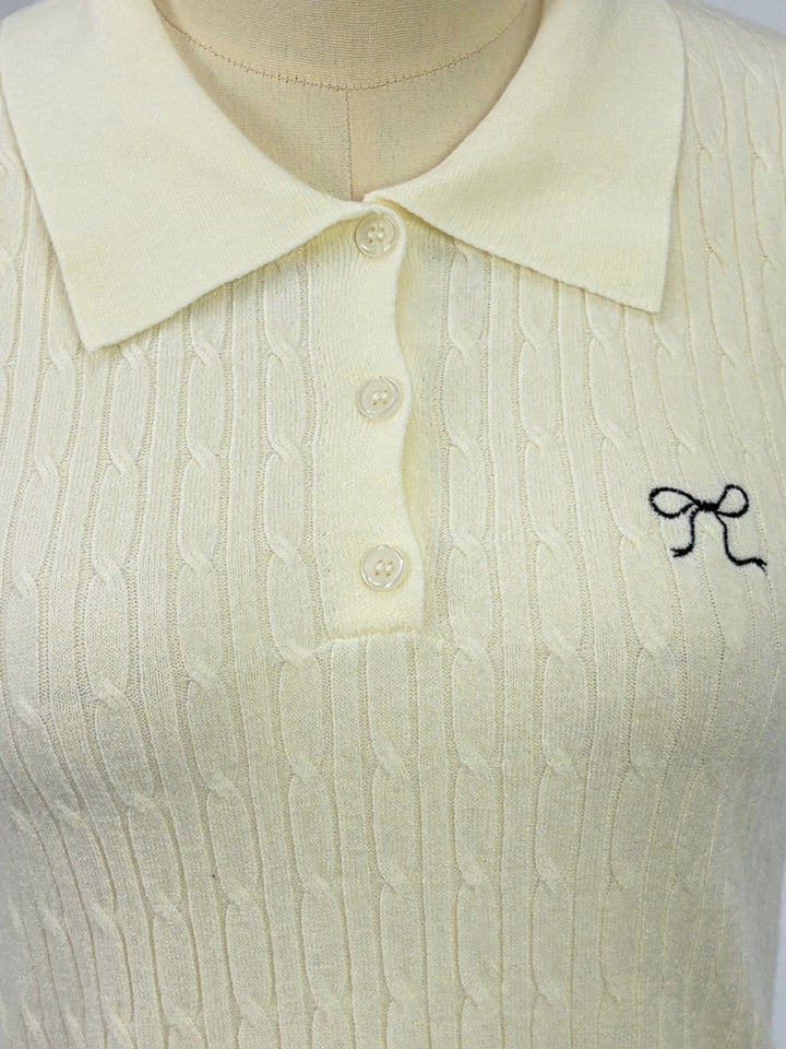 Off White Cable Textured Polo Top With Bow Embroidery