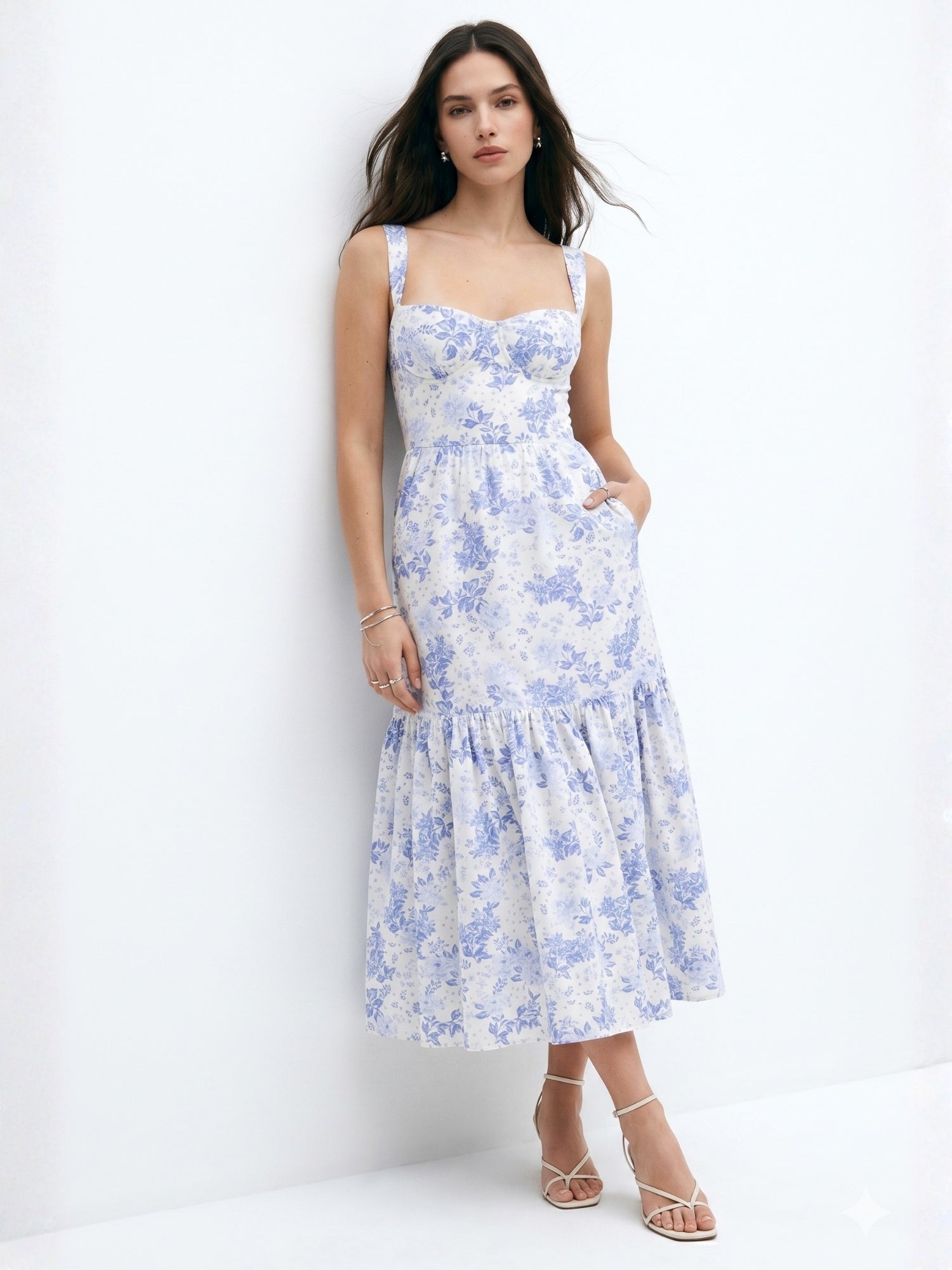 Blue Floral Printed Tiered A-Line Dress